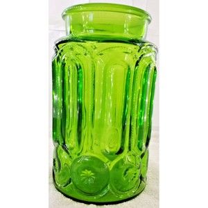 Vintage LE Smith Green Moon And Stars Glass Canister No Lid 9.5" Tall
